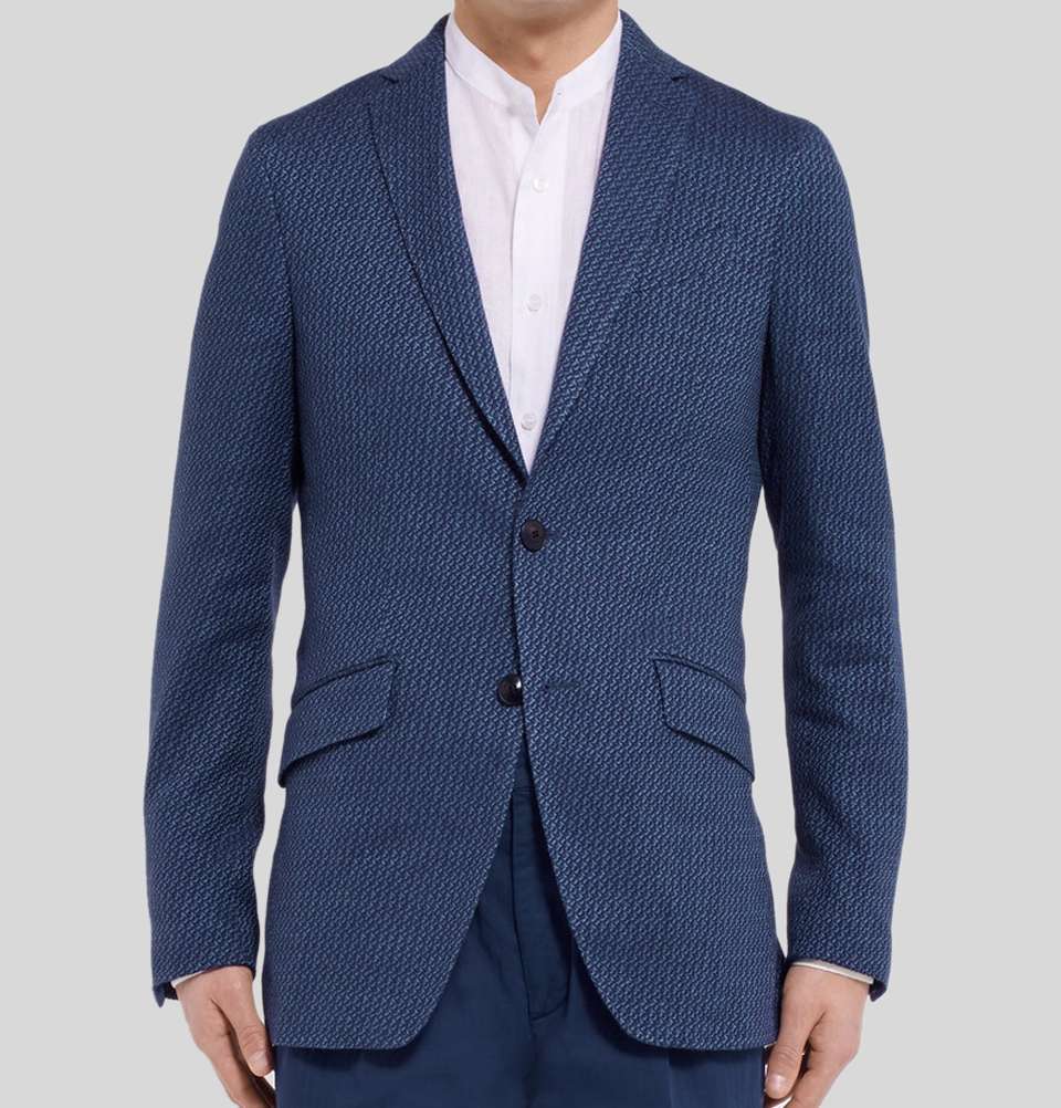 DARK BLUE SLIM FIT STRETCH COTTON AND LINEN BLEND JACQUARD BLAZER